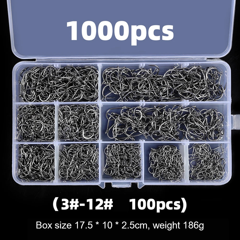 600/1000pcs Box Fishing Hooks Set High Carbon Steel Sharp Durable Barbed Fishhook Rock Fishing Equipment Gear Tackle Accessories