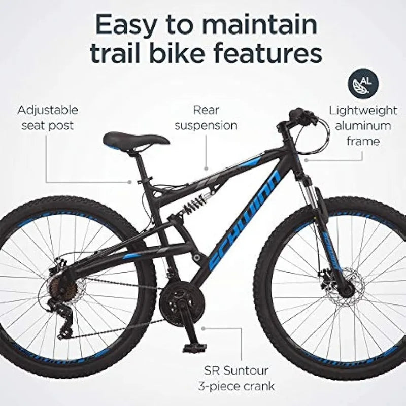 S29 Mens and Womens Mountain Bike, 29-Inch Wheels, Aluminum Frame, Dual-Suspension, Mechanical Disc Brakes